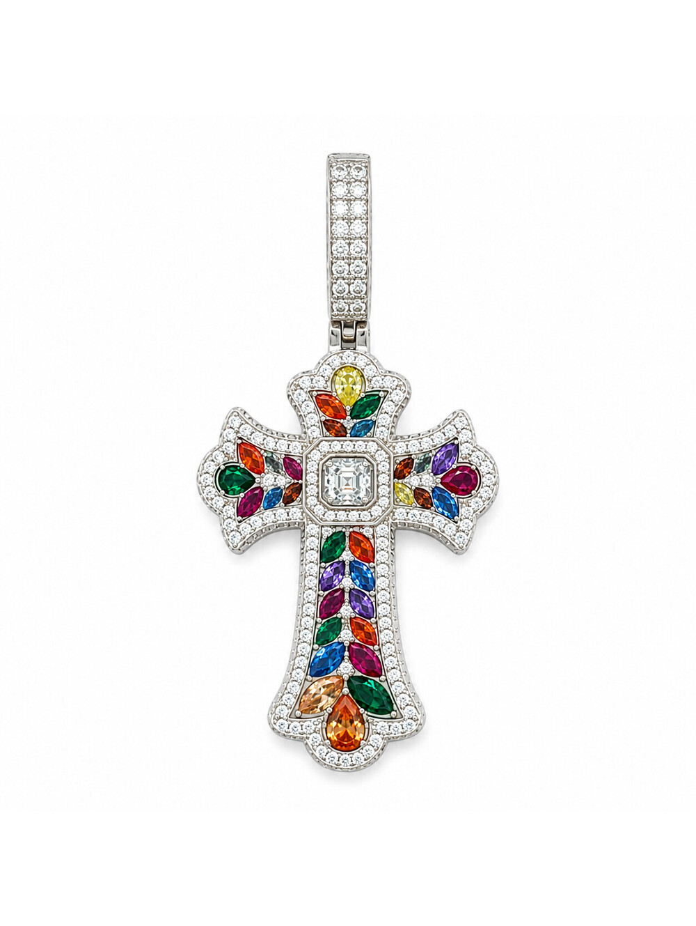 8Ct Moissanite Multicolor Cross Pendant 925 Sterling Silver